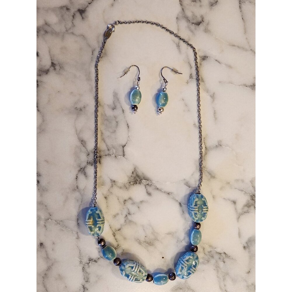 Blue Bead Necklace & Earrings Set